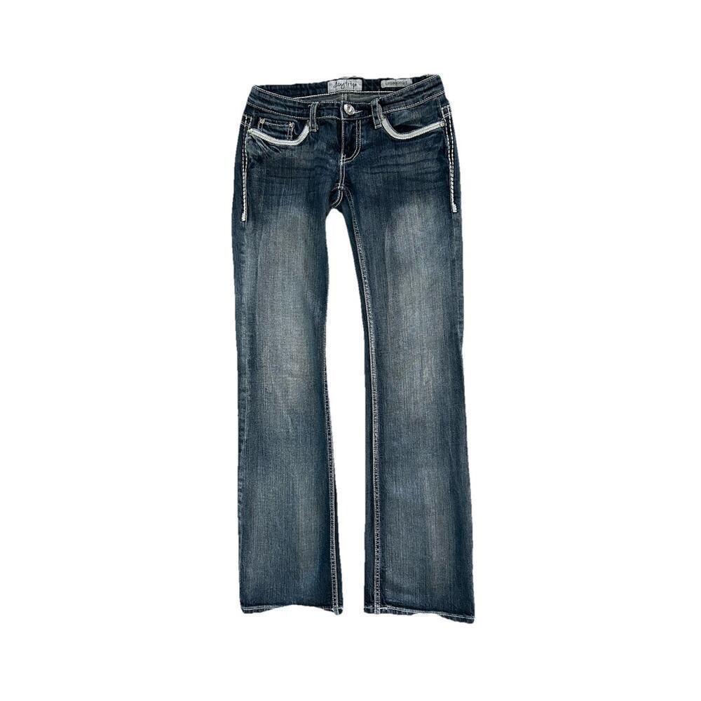 Womens Y2K Daytrip Denim Jeans Embroidered Pockets Gemstones Leo Bootcut 27x31